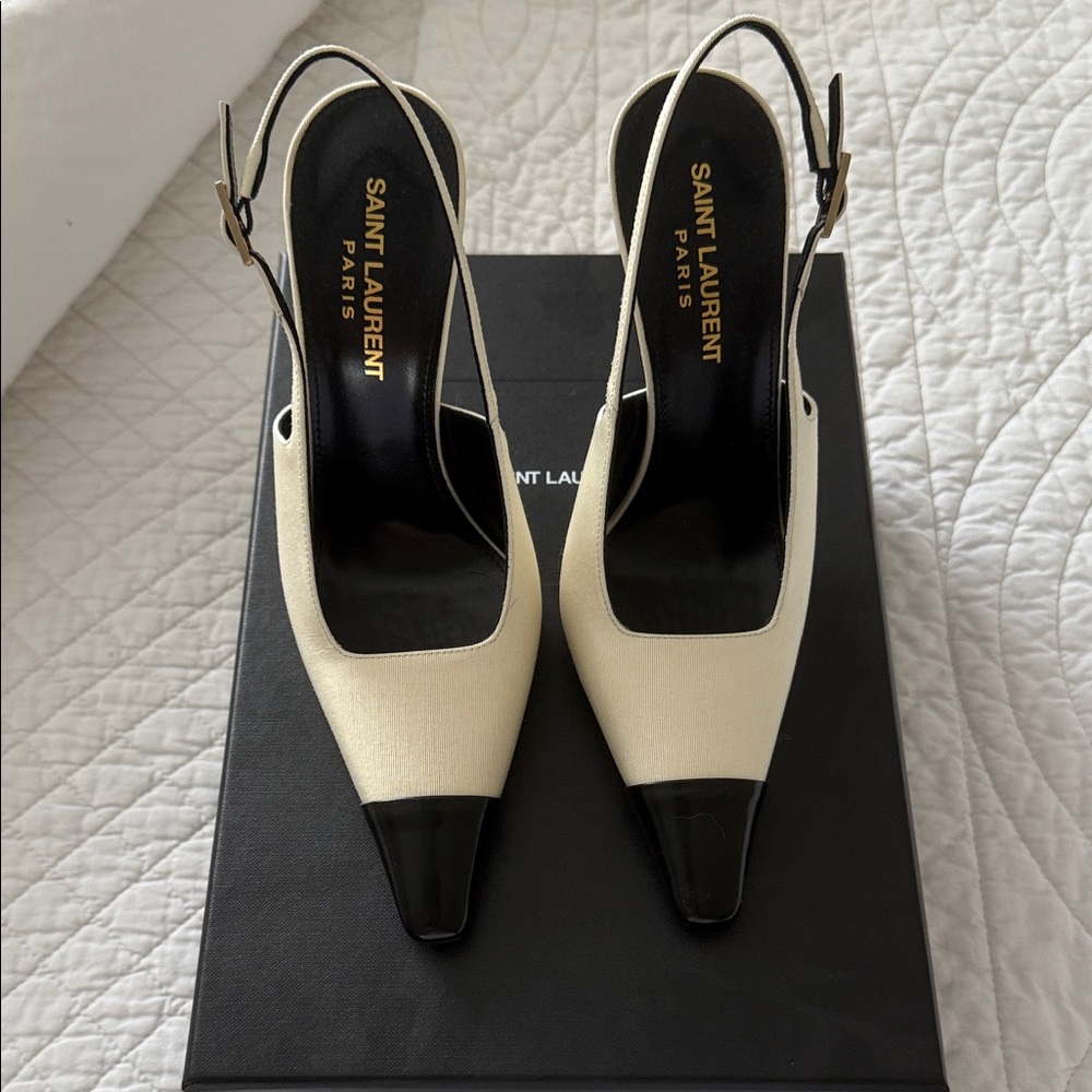 Saint Laurent Black and Cream Slingback Heels